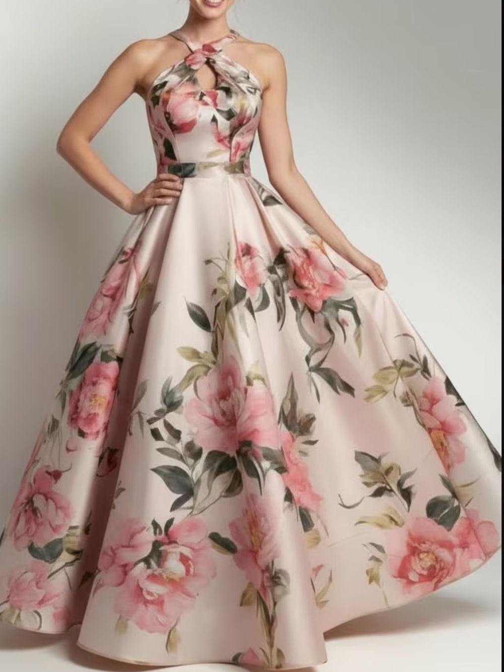 Floral Pink Halter Evening Gown